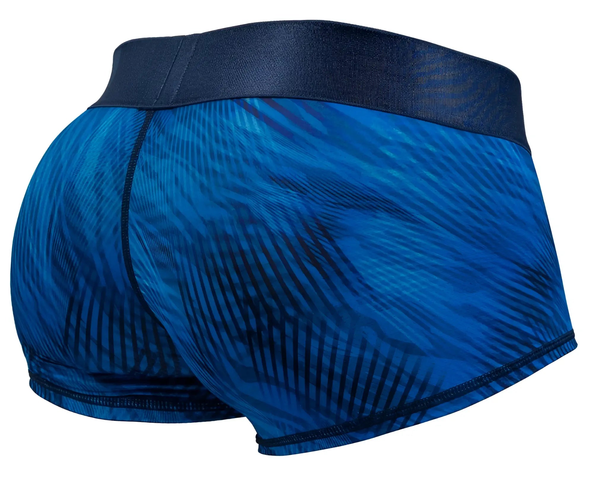 Ergo wear ew1818 max bold se trunks in mid blue featuring blue patterned fabric and dark blue elastic waistband