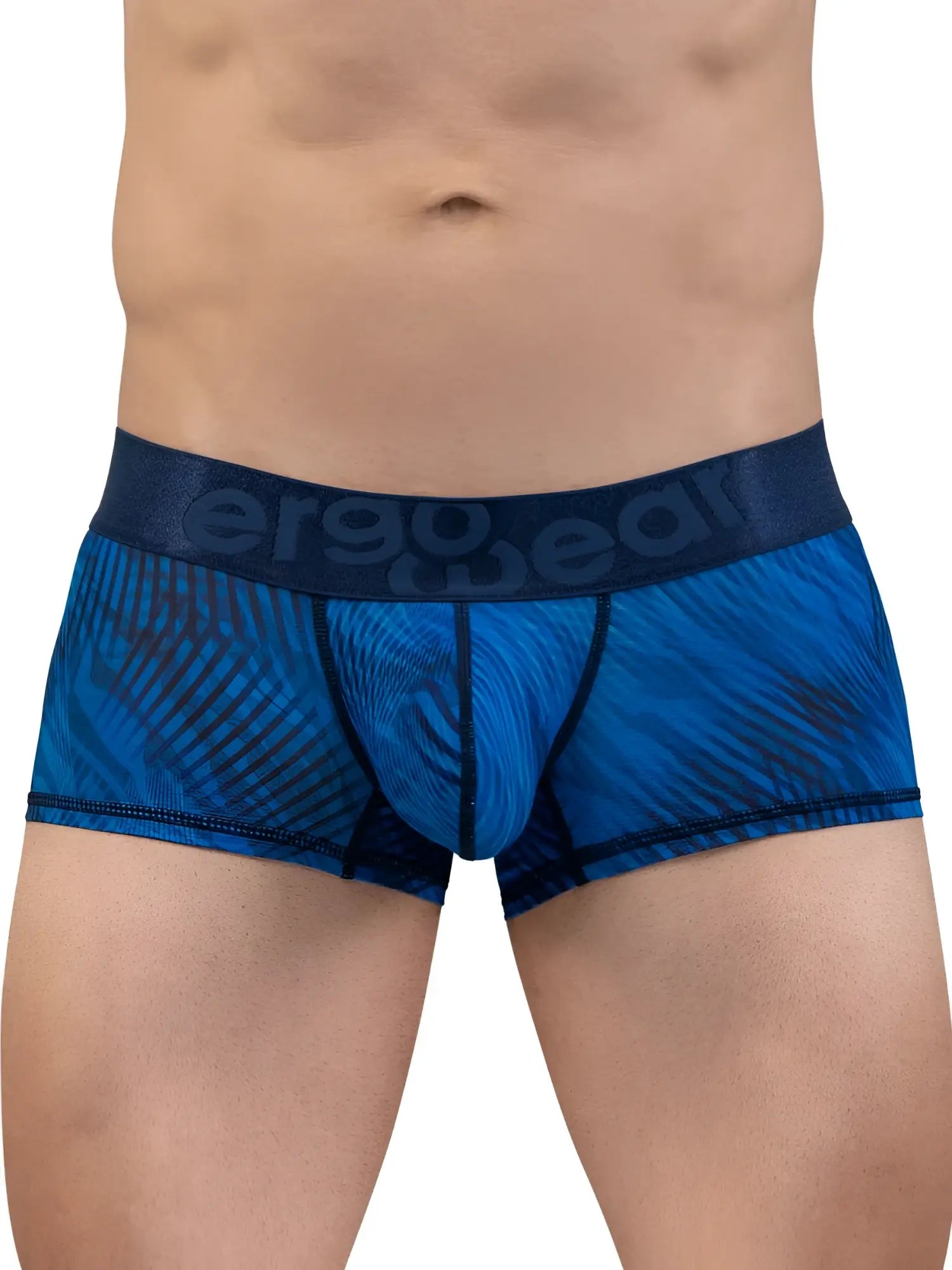 Blue patterned men’s boxer briefs with dark blue ergo gear waistband in mid blue for comfortable everyday wear