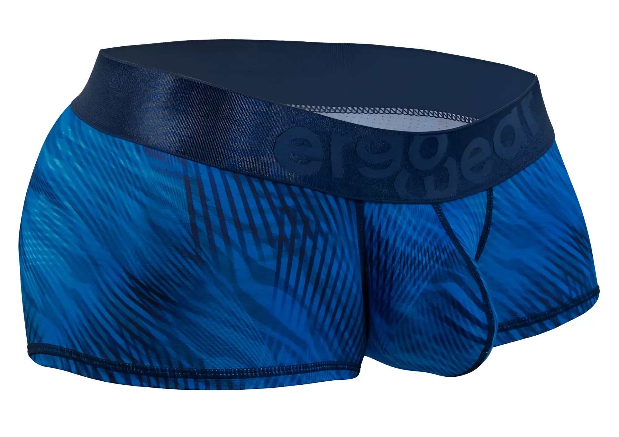 Blue patterned men’s briefs with dark blue ergo wear waistband in mid blue designed for comfort and support