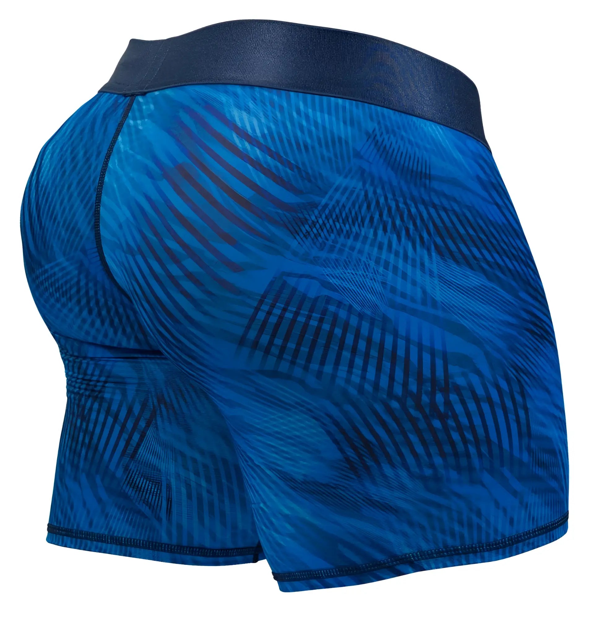 Blue patterned ergo wear ew1819 max bold se boxer briefs with a dark blue elastic waistband in mid blue color