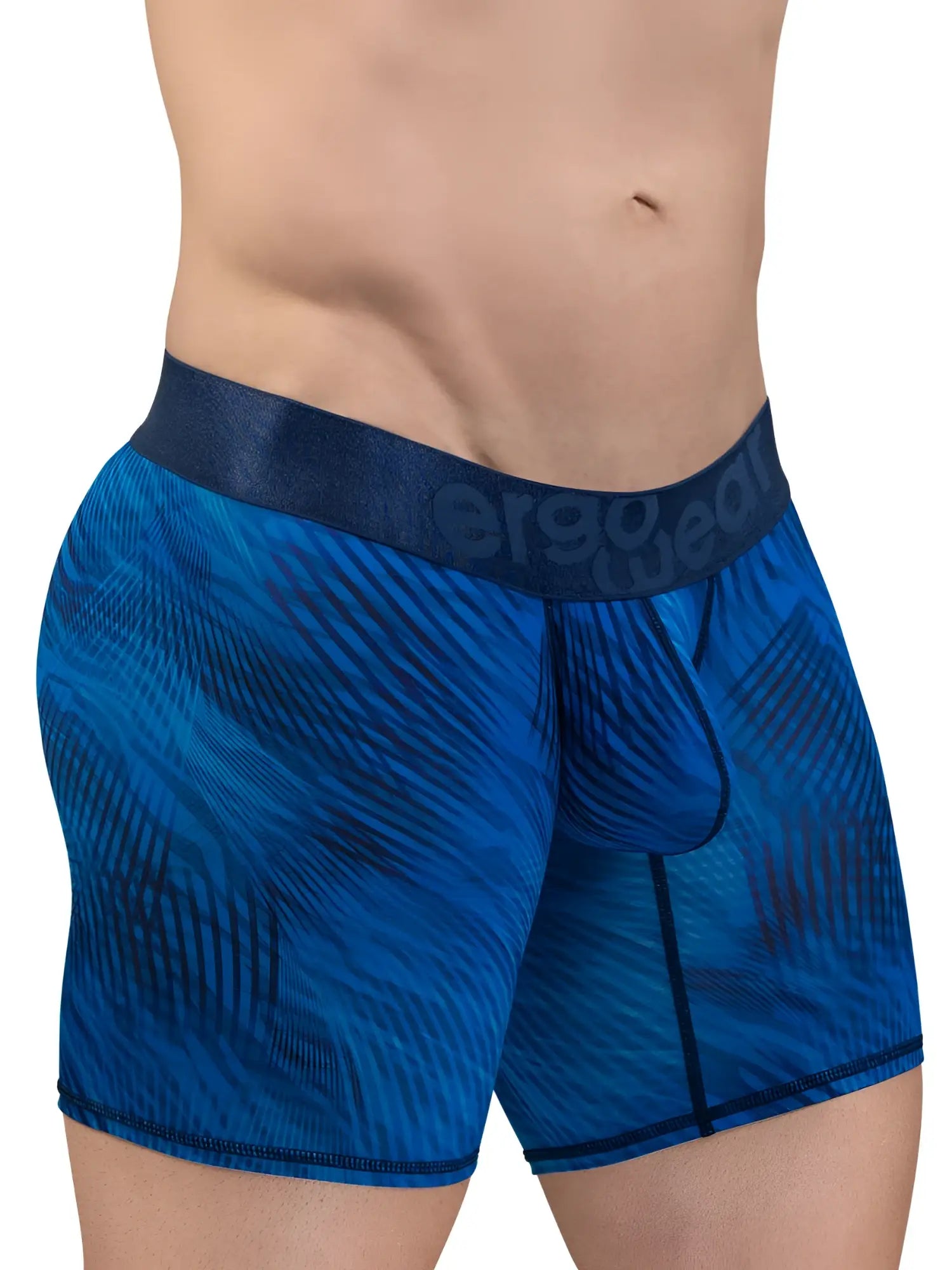 Blue patterned men’s boxer briefs with dark blue ergogear waistband from ergowear ew1819 max bold se in mid blue