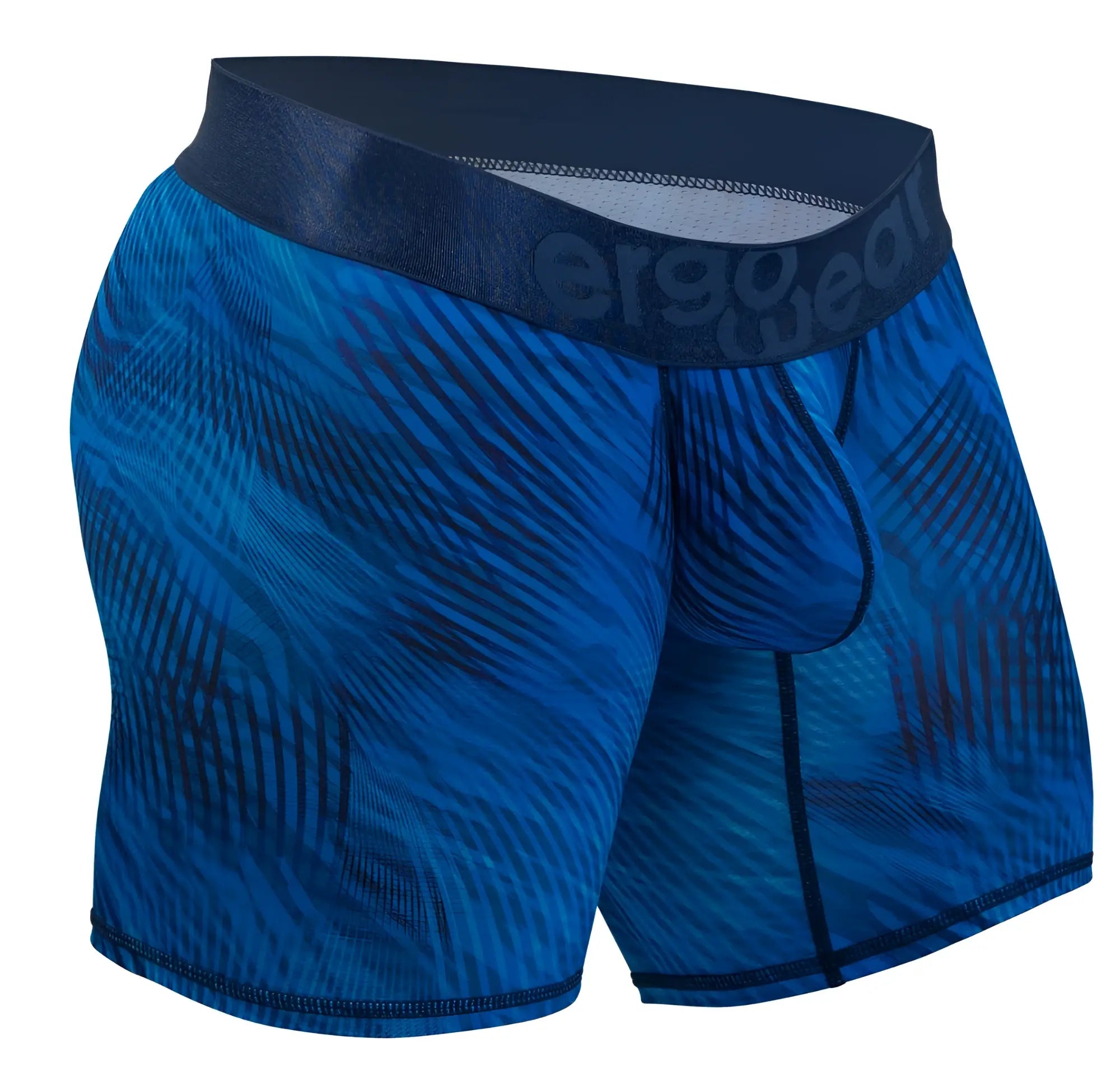 Blue patterned ergo wear max bold se mid blue men’s boxer briefs with dark blue elastic waistband and logo