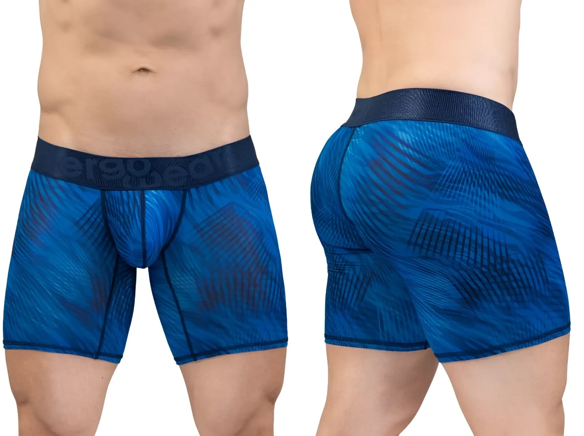 ErgoWear EW1819 max bold SE men’s boxer briefs in mid blue with blue pattern and dark blue elastic waistband