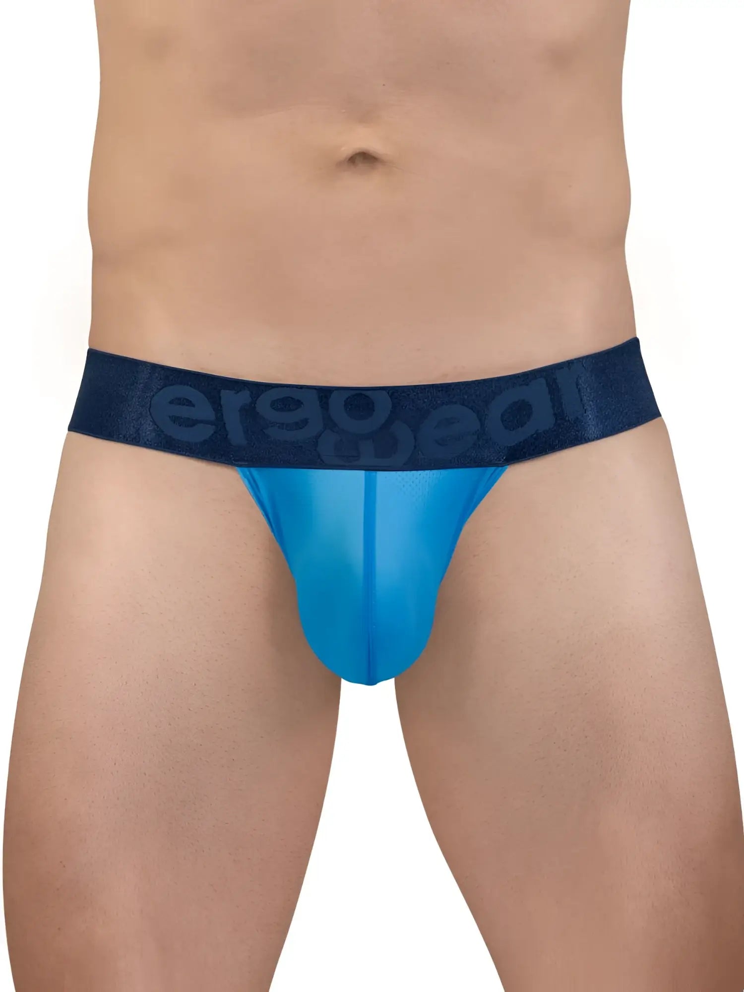 Blue sheer men’s briefs with a dark blue elastic waistband featuring the ergo wear logo in color river blue