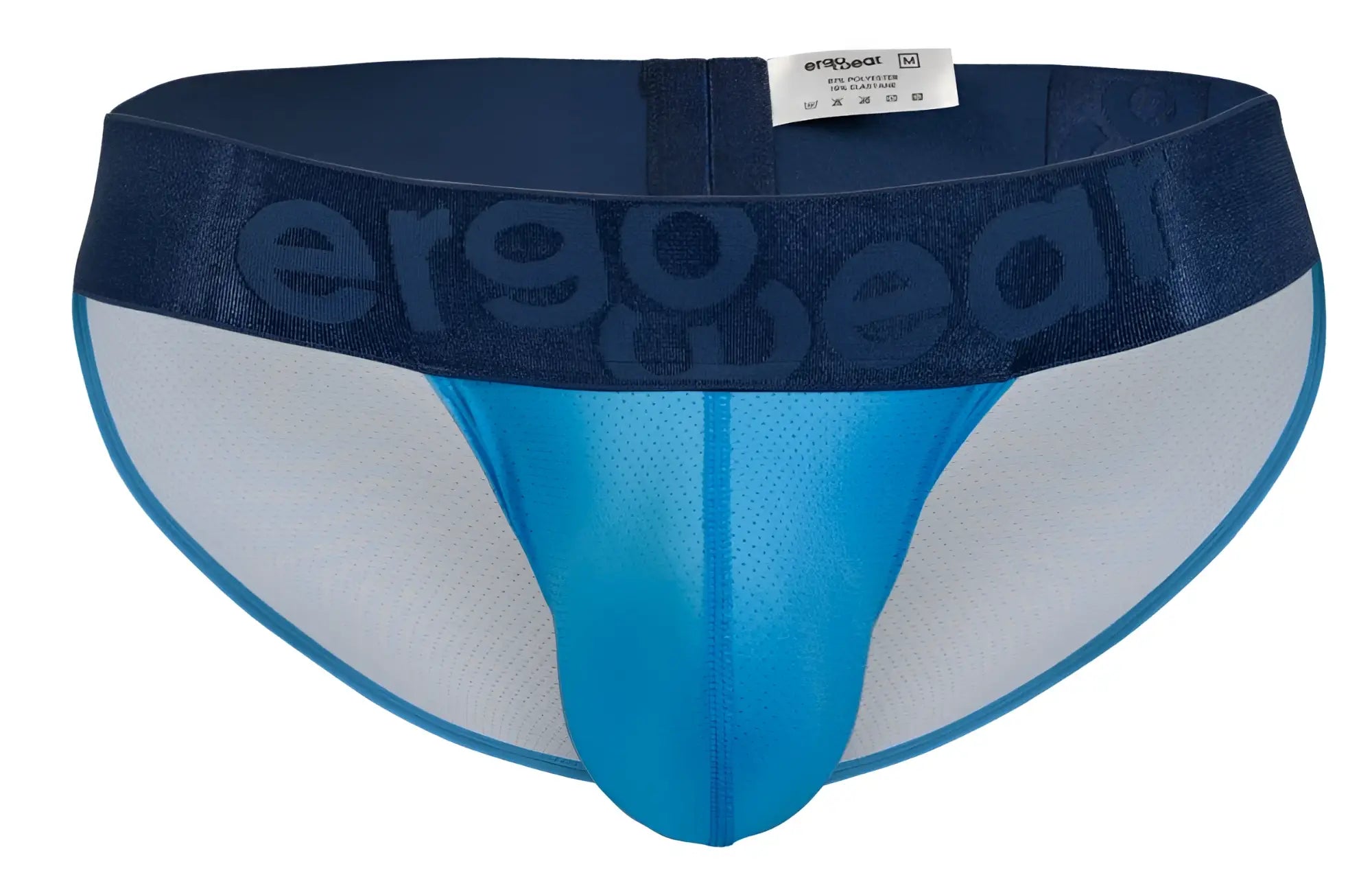 Blue and white ergonomic briefs with mesh design and ergogear logo on waistband from ergowear ew1821 max bold bikini