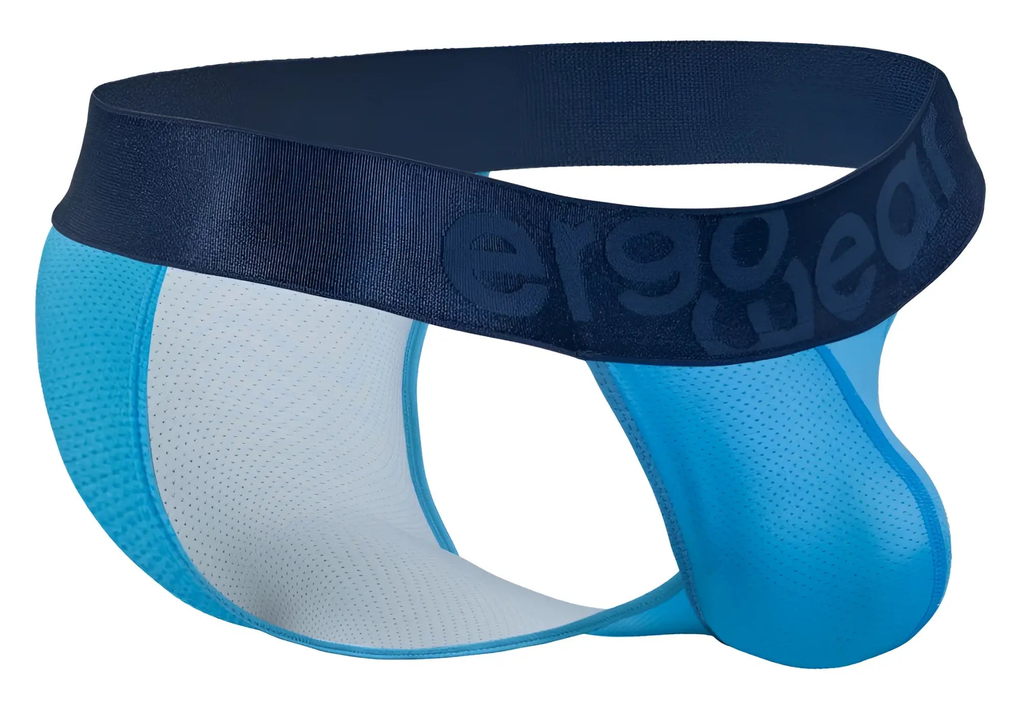 Blue and white mesh athletic briefs with navy waistband and ergo wear logo in river blue from ergo wear ew1821 max bold bikini