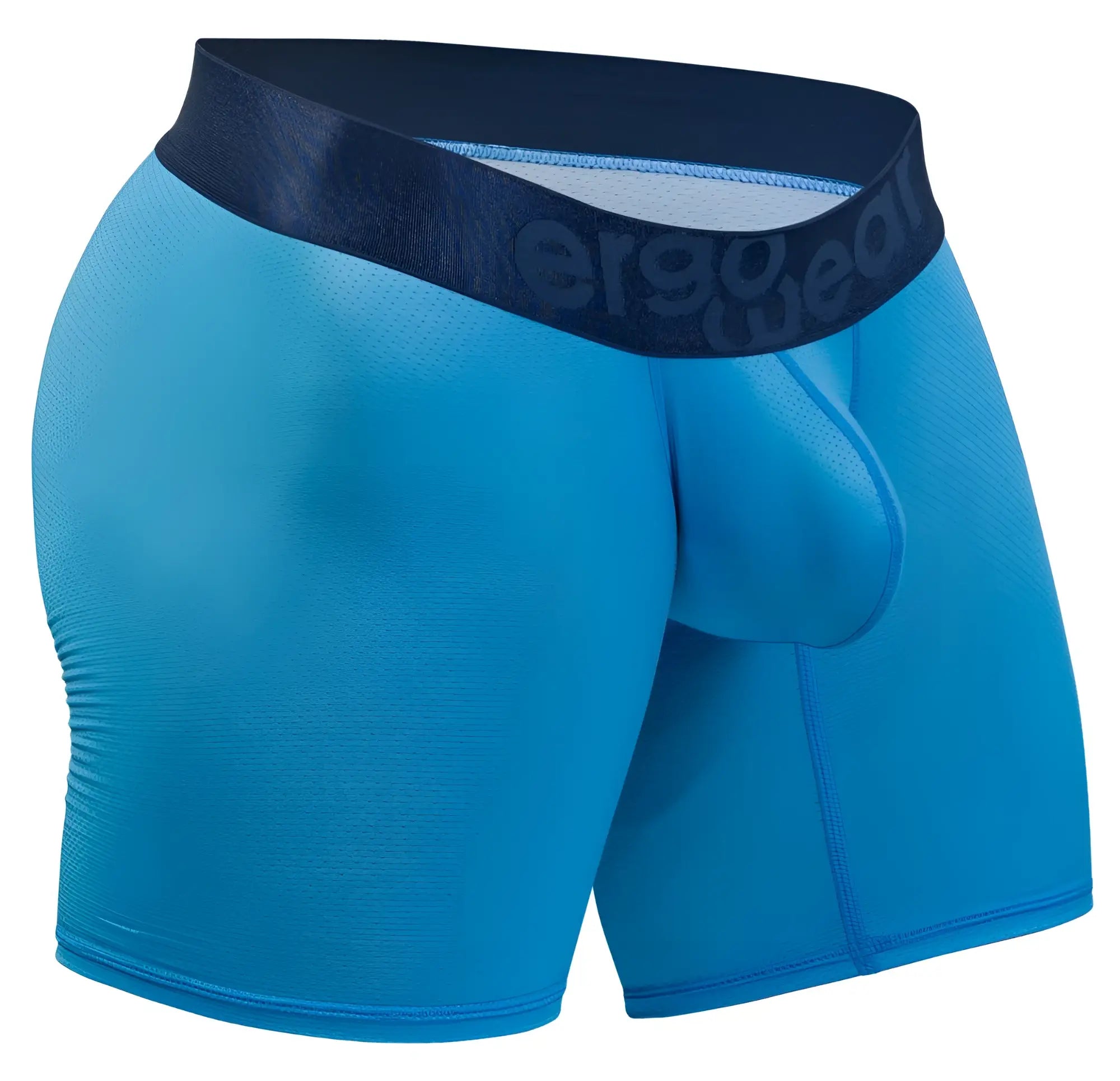Bright blue ergonomic boxer briefs with dark navy ergo wear waistband in river blue color for comfortable fit