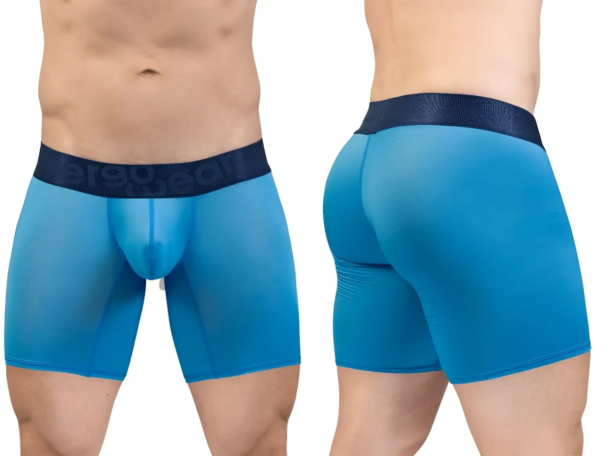 Blue ergonomic boxer briefs with dark blue waistband featuring the brand name by ergowear in river blue
