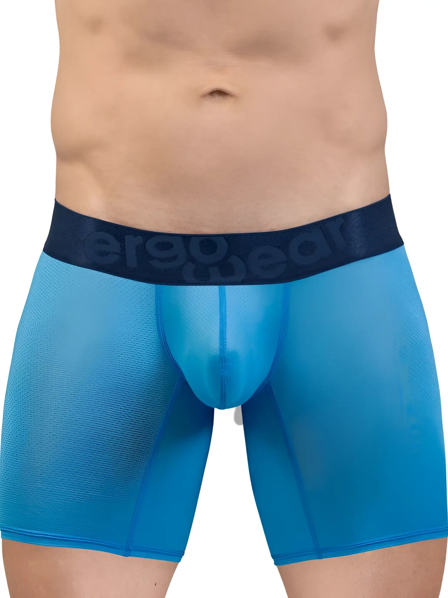 Blue sheer men’s boxer briefs with dark blue aerogear waistband from ergowear ew1823 max bold se in river blue color