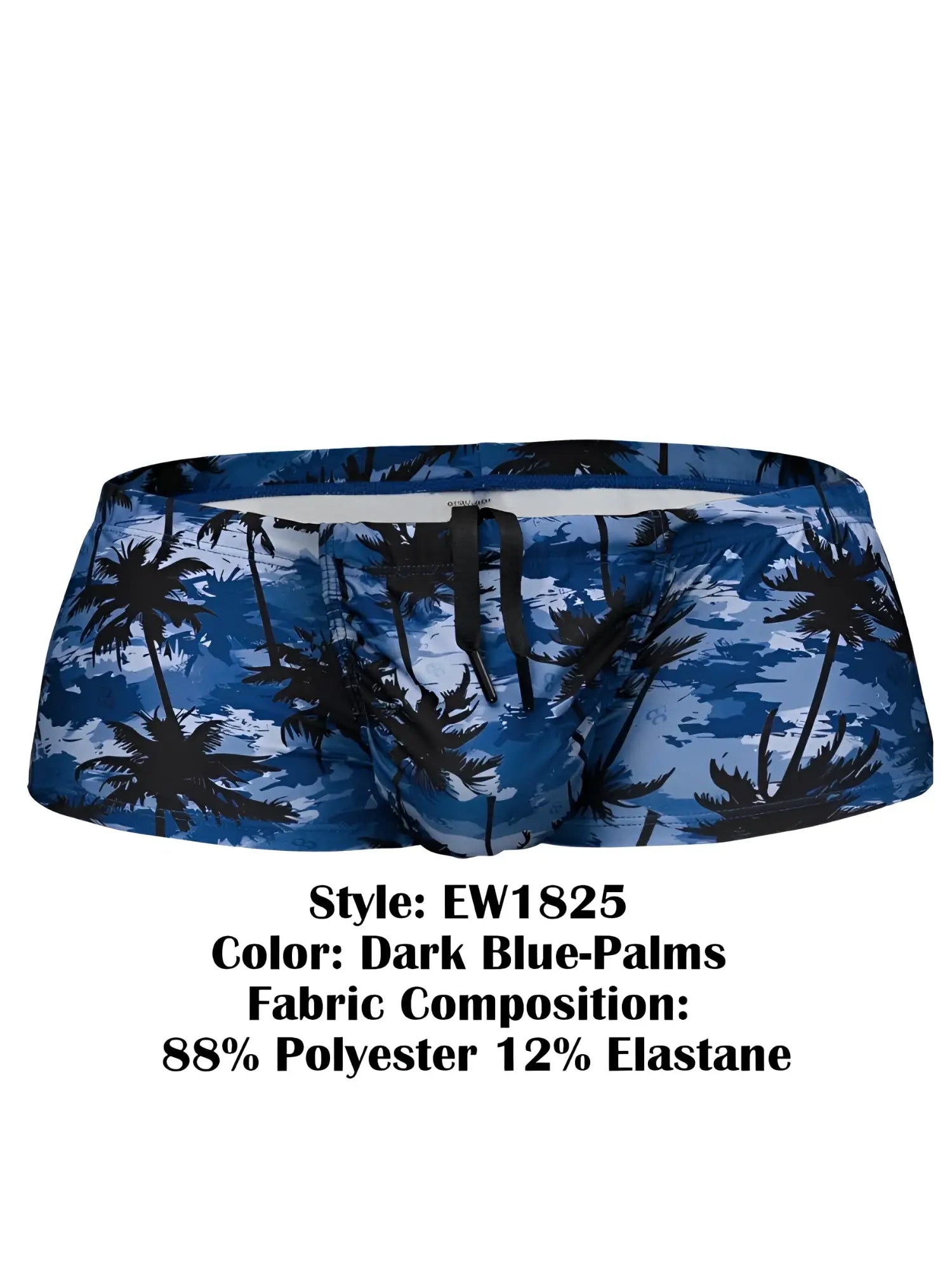 Dark blue ergoWear ew1825 feel sw swim trunks with black palm tree pattern made of 88 polyester 12 elastane