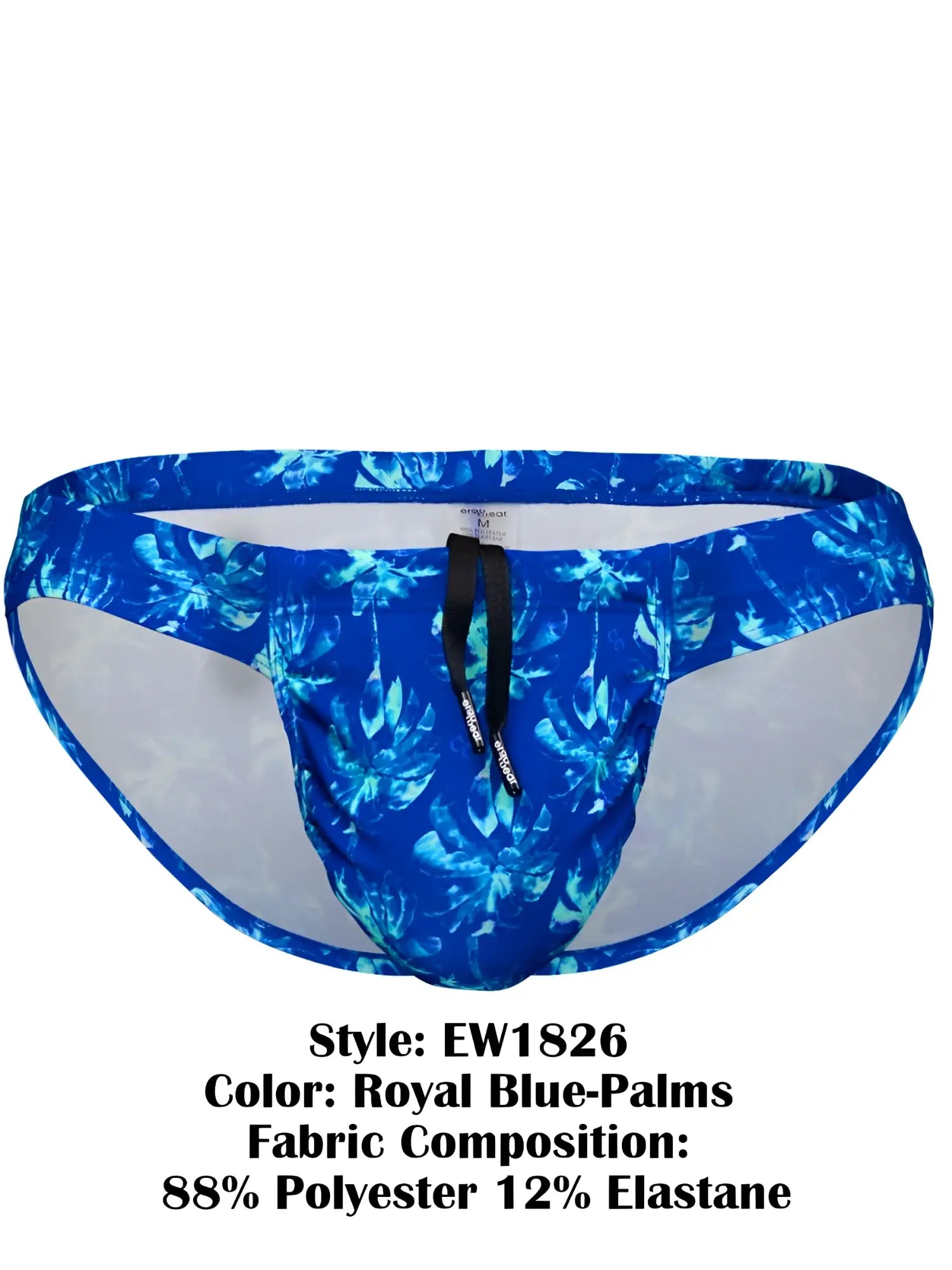 Royal blue ergowear ew1826 feel sw swim bikini featuring tropical palm leaf pattern and black drawstring