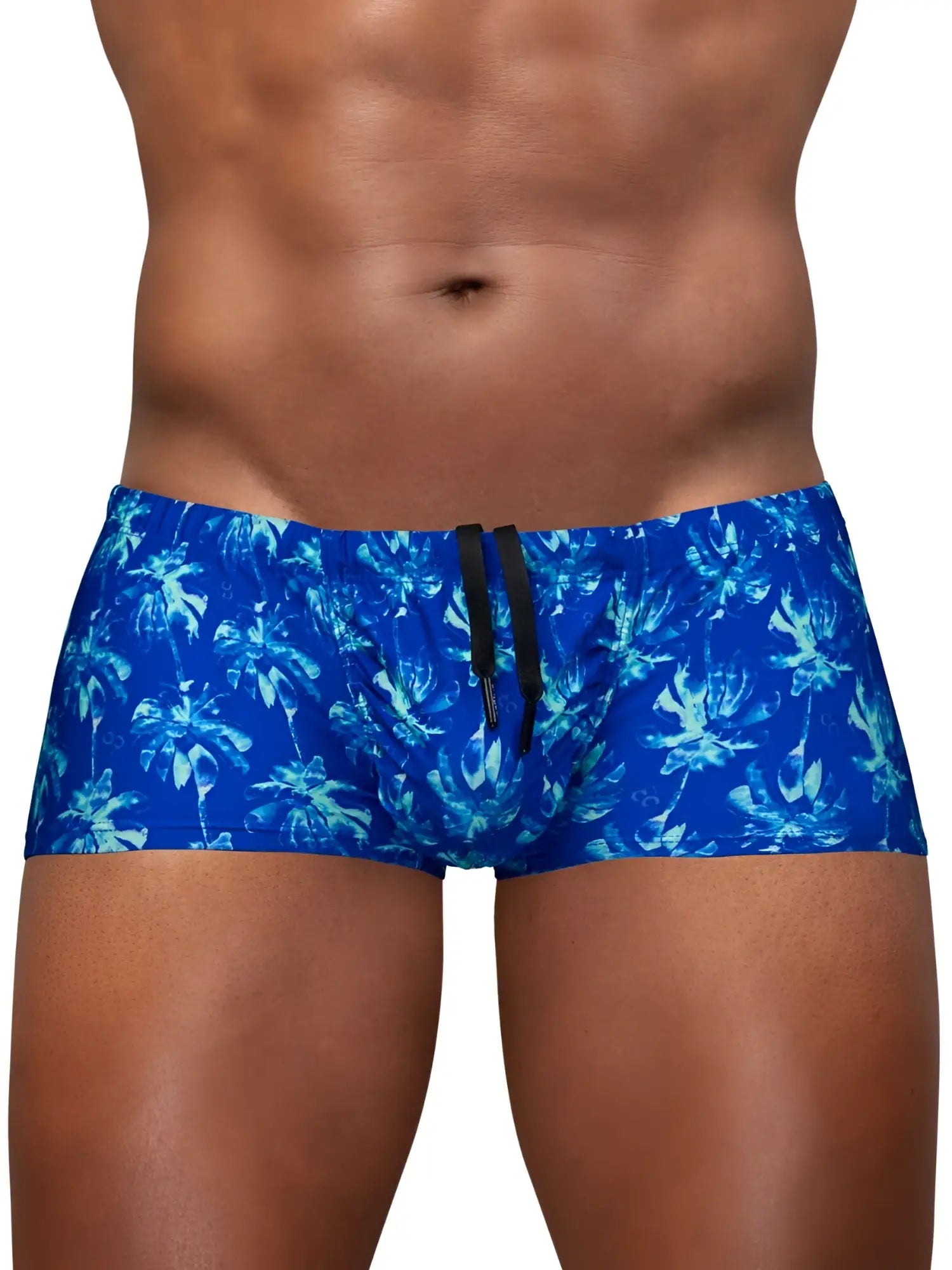 Royal blue ergo wear ew1827 feel sw swim trunks with tropical palm tree pattern and black drawstring