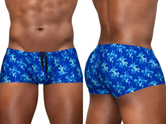 Ergowear ew1827 feel sw royal blue swim trunks with tropical palm pattern in lighter blue and white and black drawstrings