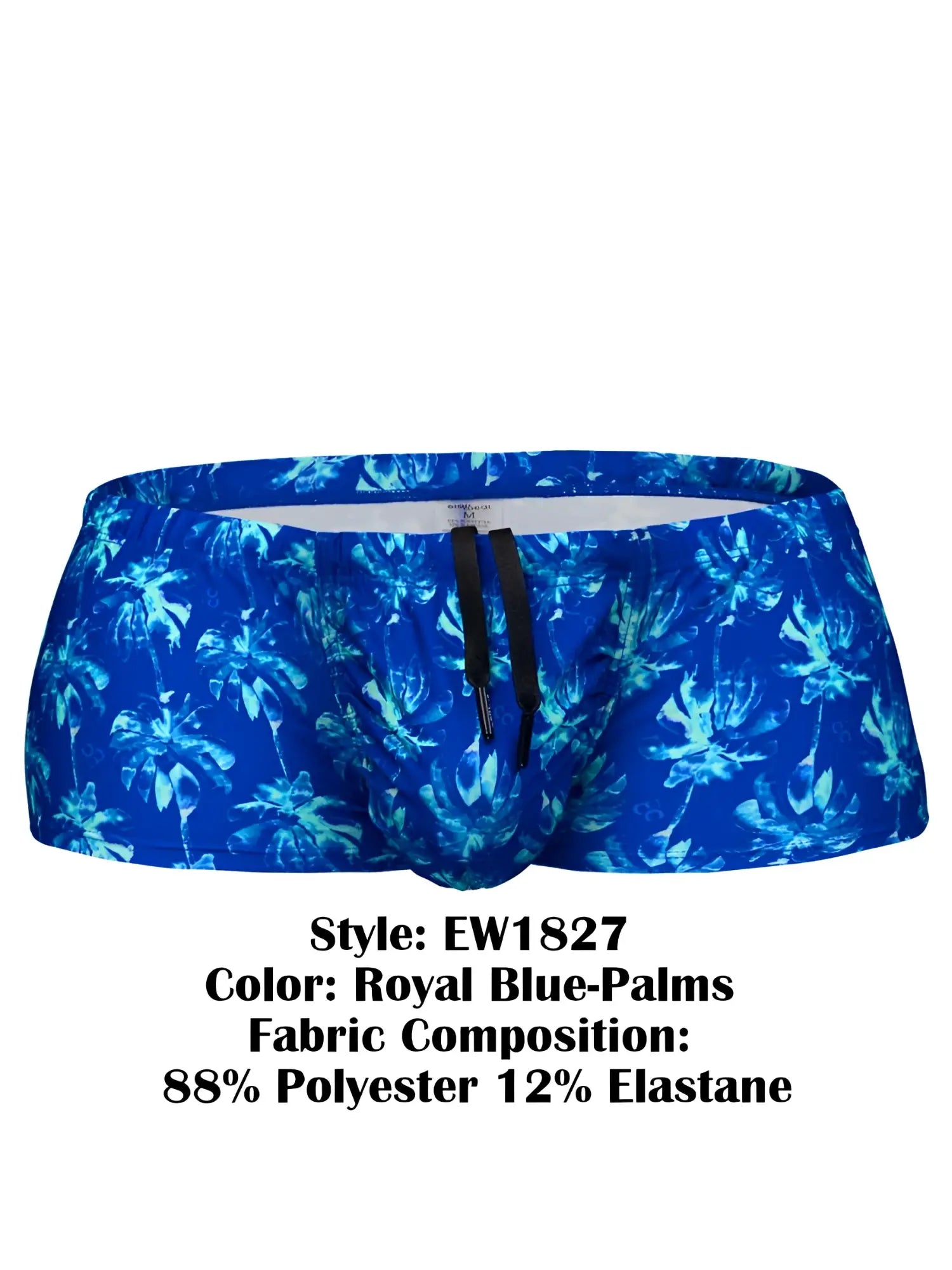Ergowear ew1827 feel sw royal blue swim trunks with vibrant palm tree pattern made of polyester and elastane