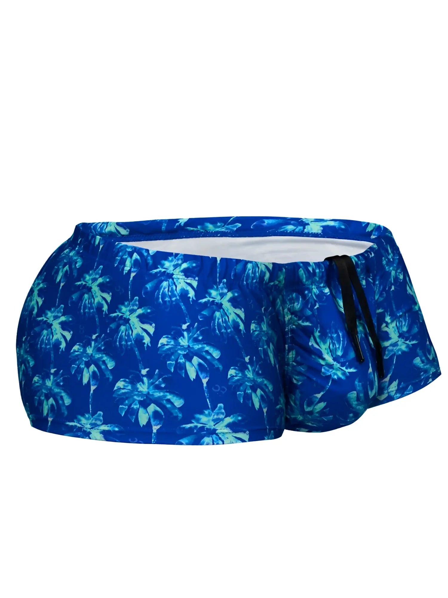 Ergowear ew1827 feel sw royal blue swim trunks with vibrant tropical palm tree pattern and black drawstrings