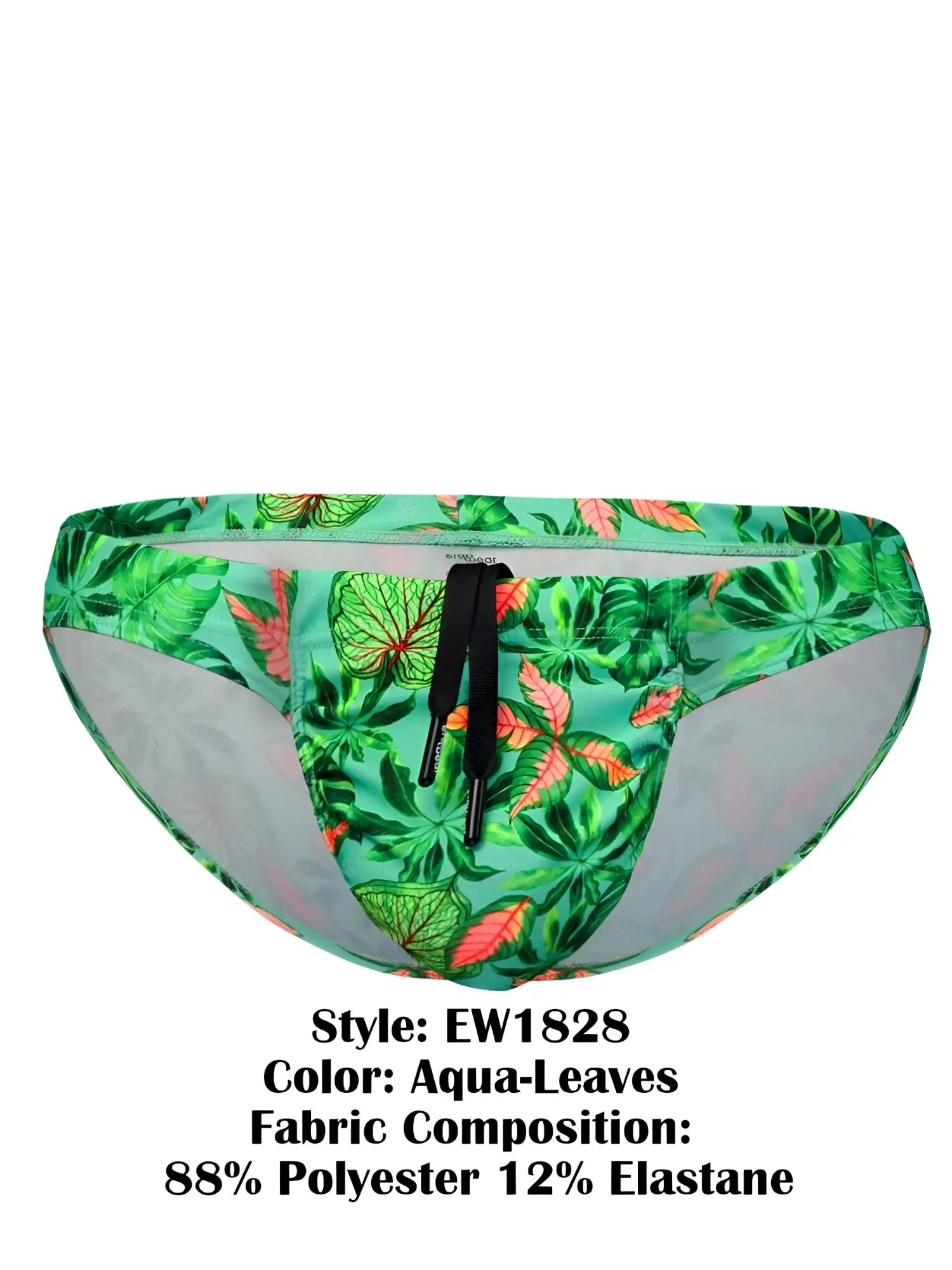 Ergo wear ew1828 feel sw aqua-leaves swim bikini in green and pink tropical leaf pattern with black drawstring
