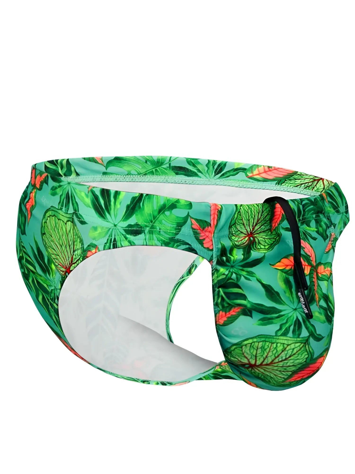 Green tropical leaf patterned men’s swim trunks with white lining and black drawstring from Ergowear EW1828 FEEL SW