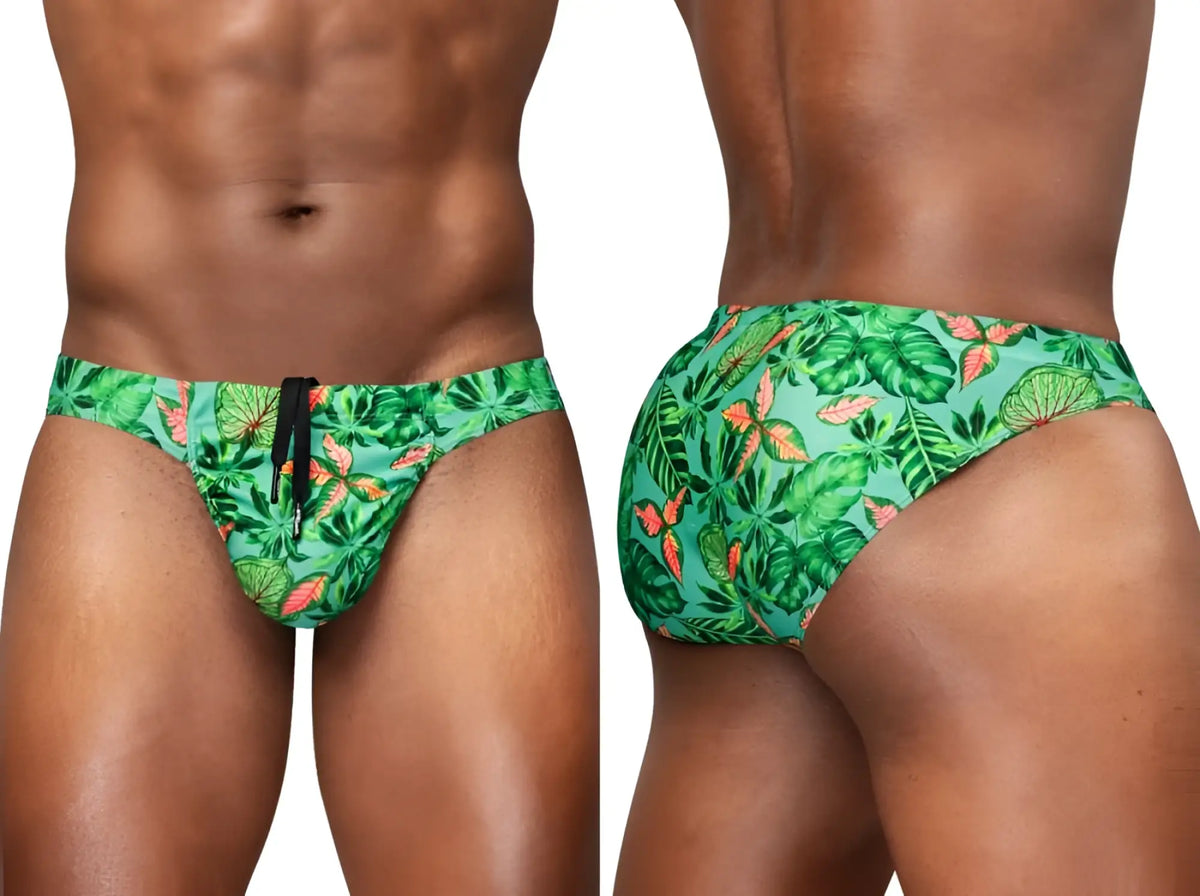 Vibrant green tropical leaf-patterned ergoWear ew1828 feel sw swim bikini in aqua with orange accents and black drawstring