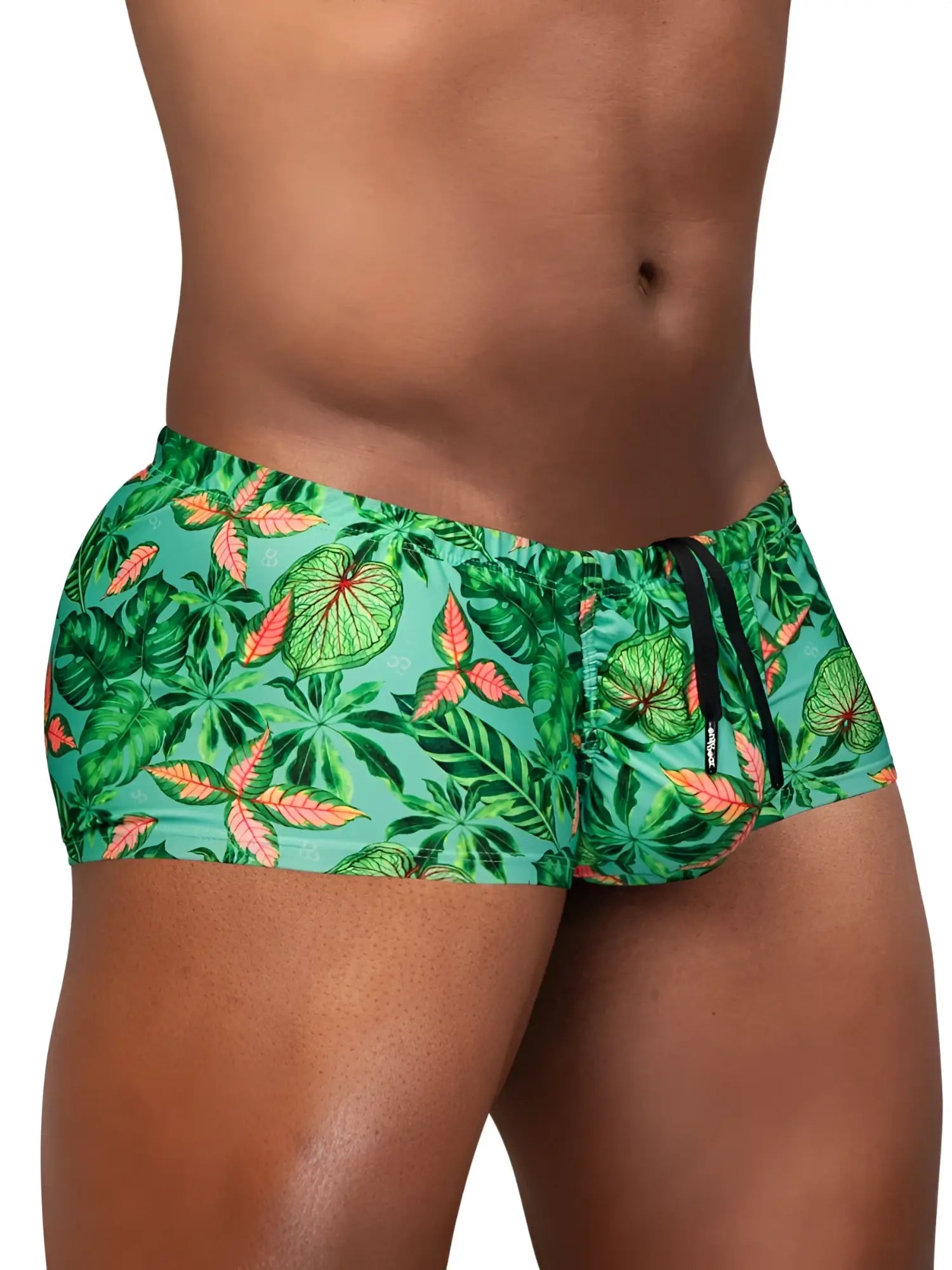ErgoWear EW1829 FEEL SW swim trunks in aqua leaves pattern with pink accents and black drawstring for tropical wear