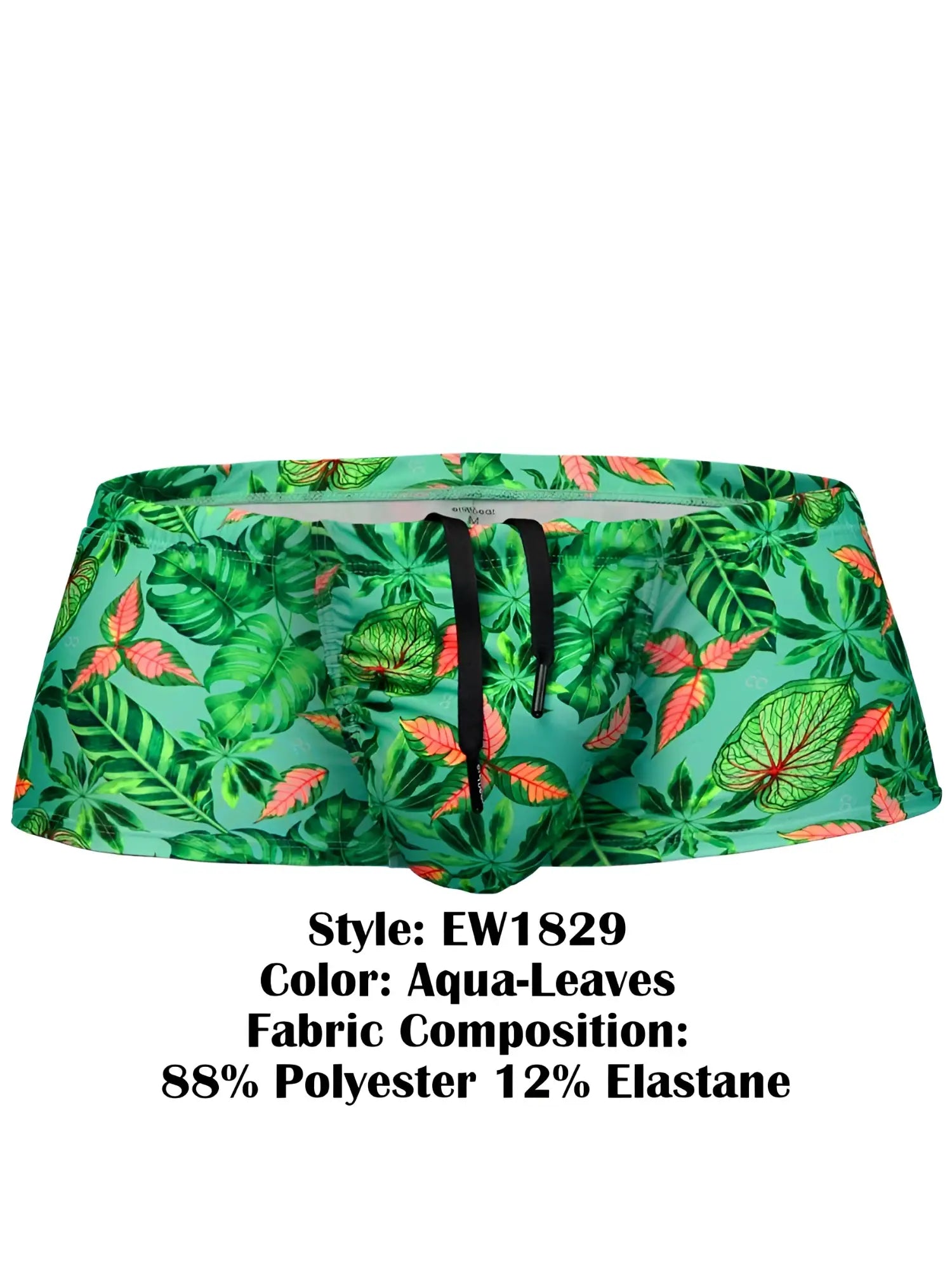 ErgoWear Ew1829 feel sw aqua-leaves swim trunks in vibrant green and coral leaf pattern made of 88 polyester 12 elastane