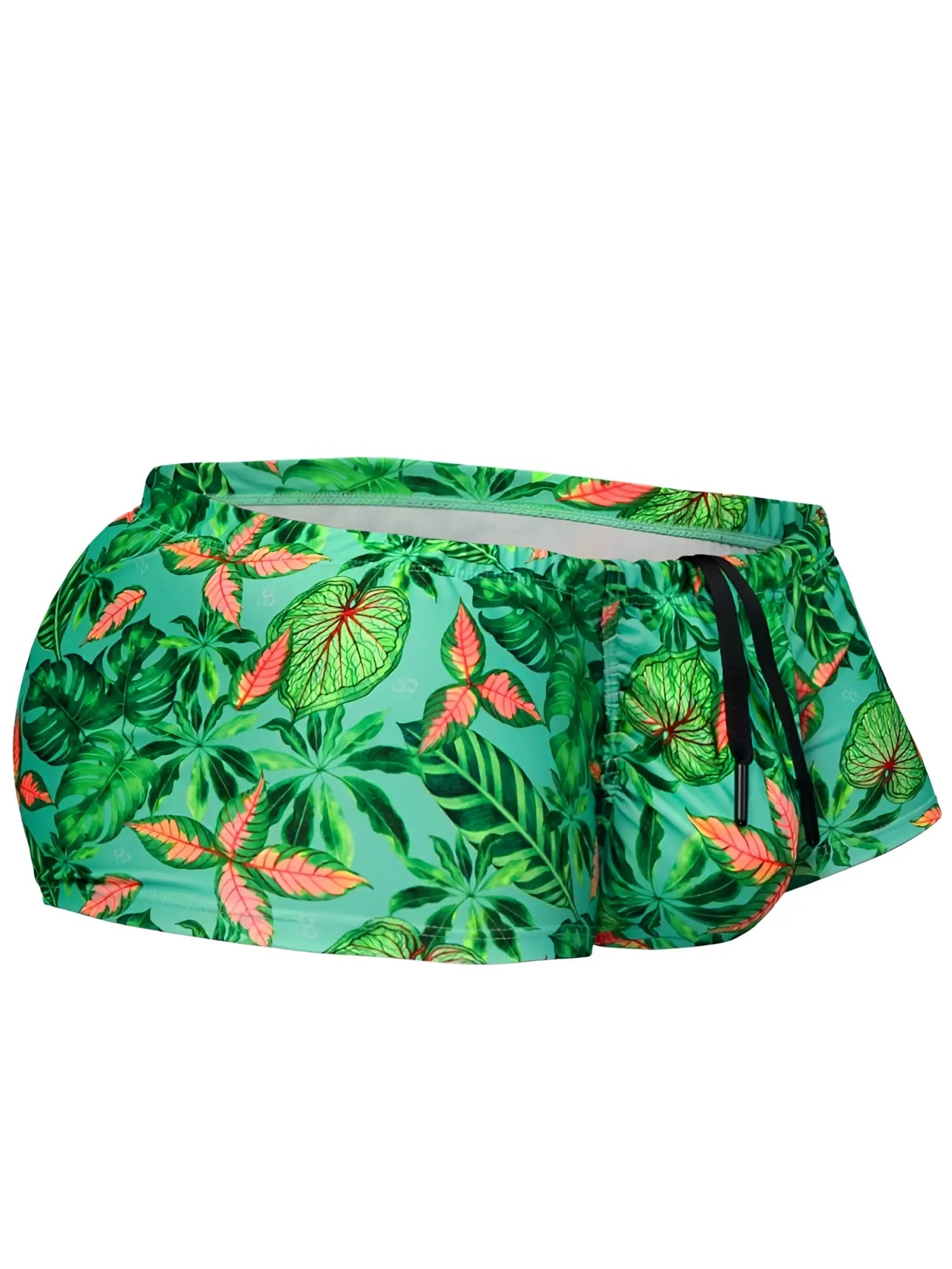 ErgoWear EW1829 FEEL SW swim trunks in aqua with vibrant green and coral tropical leaf pattern and drawstring waistband