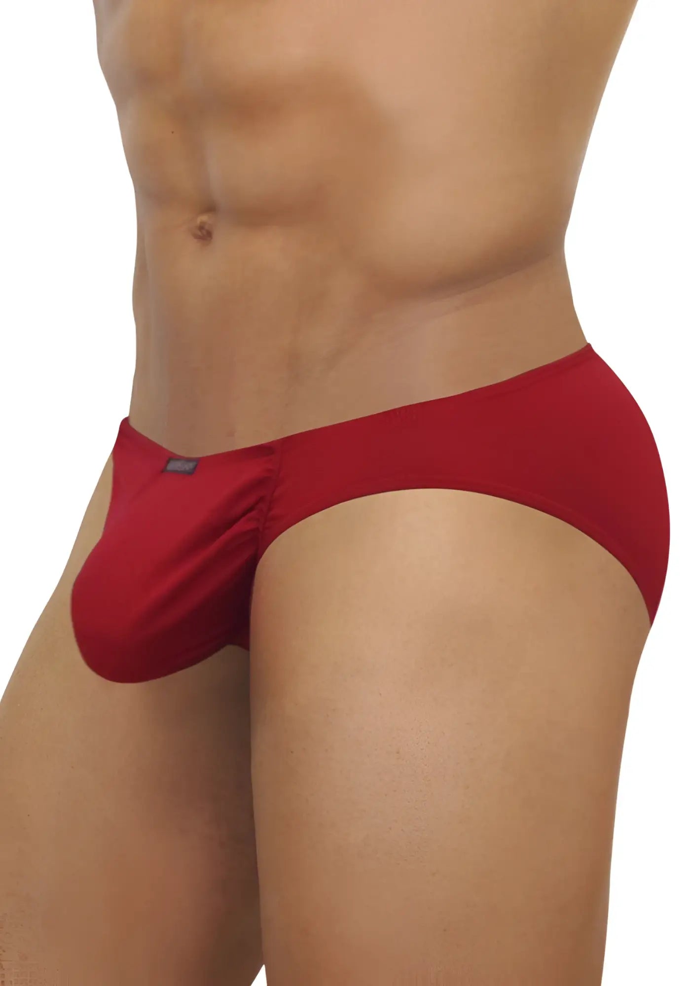 Red men’s ergowear feel modal bikini underwear in scarlet with smooth form-fitting design and brand tag on waistband