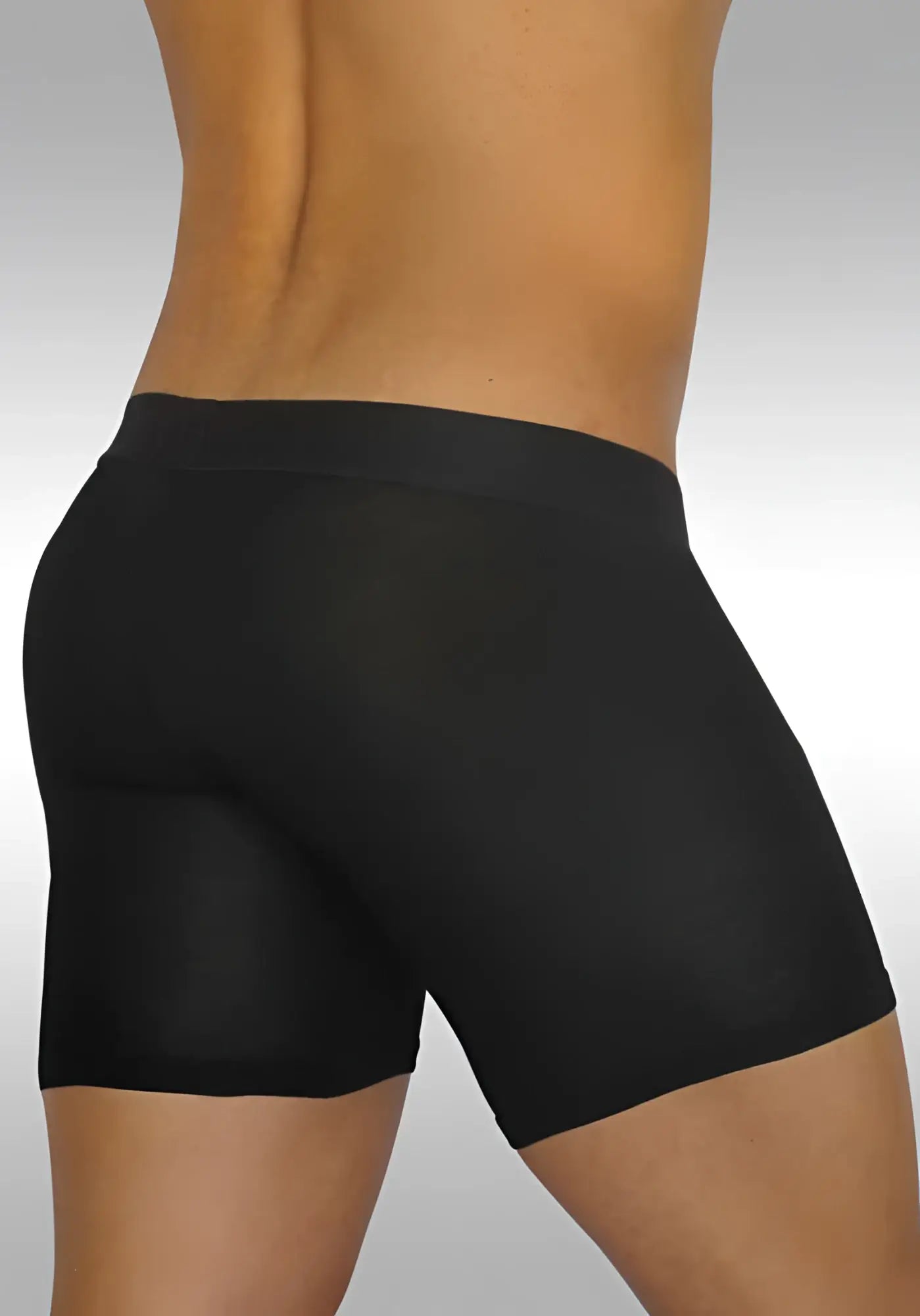 Black ergonomically designed boxer briefs in smooth modal fabric with wide elastic waistband size medium