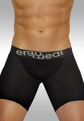 Black ergowear feel modal long boxer brief underwear with gray logo waistband size M shown from the back side