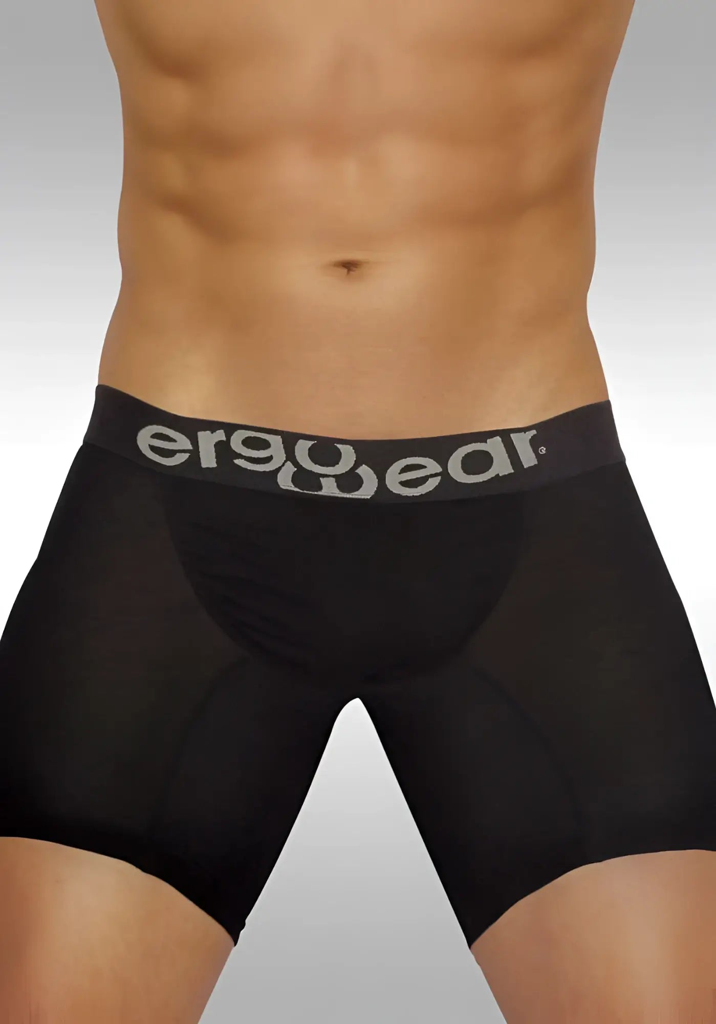 Black ergowear feel modal long boxer brief underwear with gray waistband and ergowear logo size m