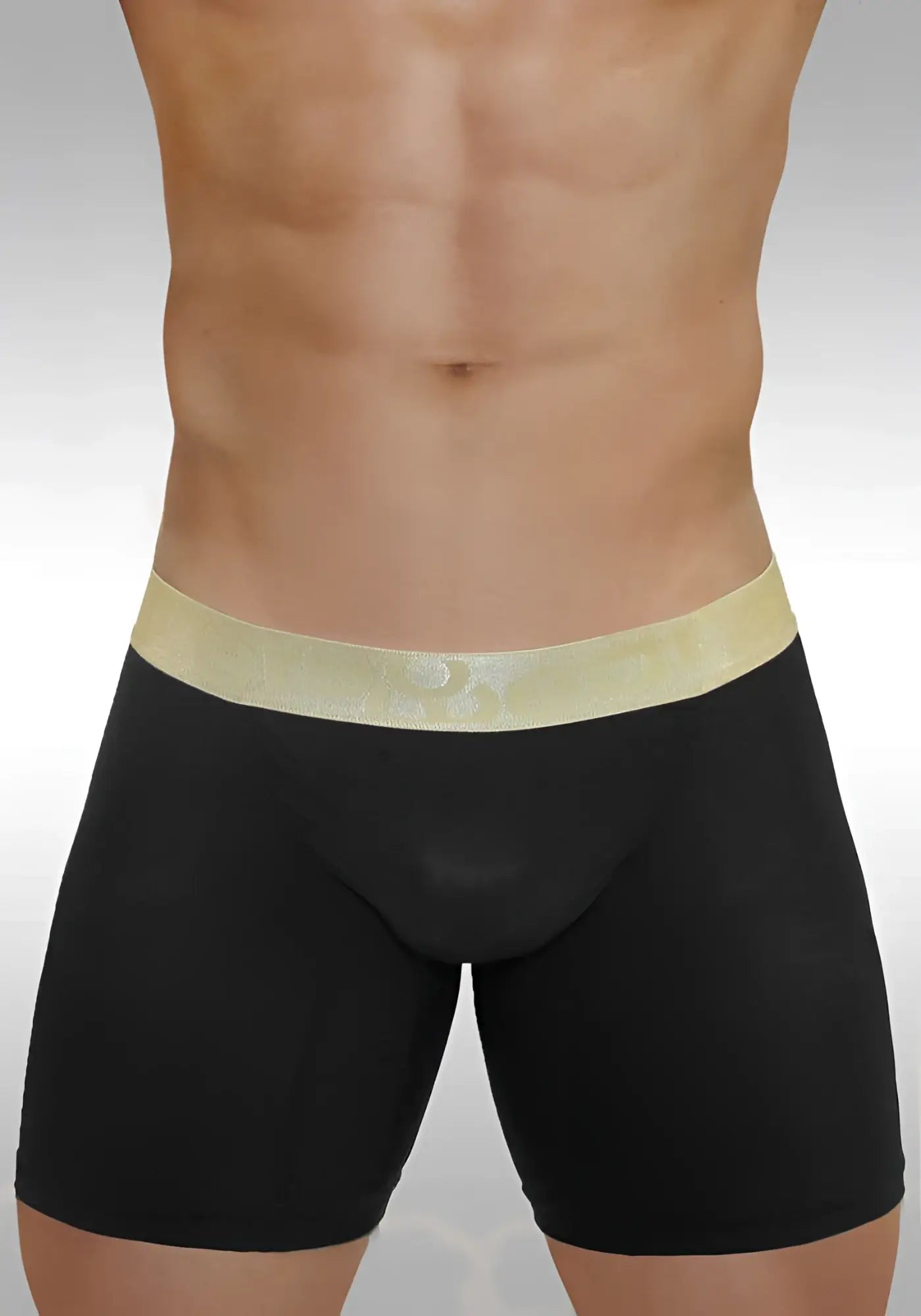 Black ergowear feel xv midcut long boxer briefs with light gold elastic waistband embossed pattern size s