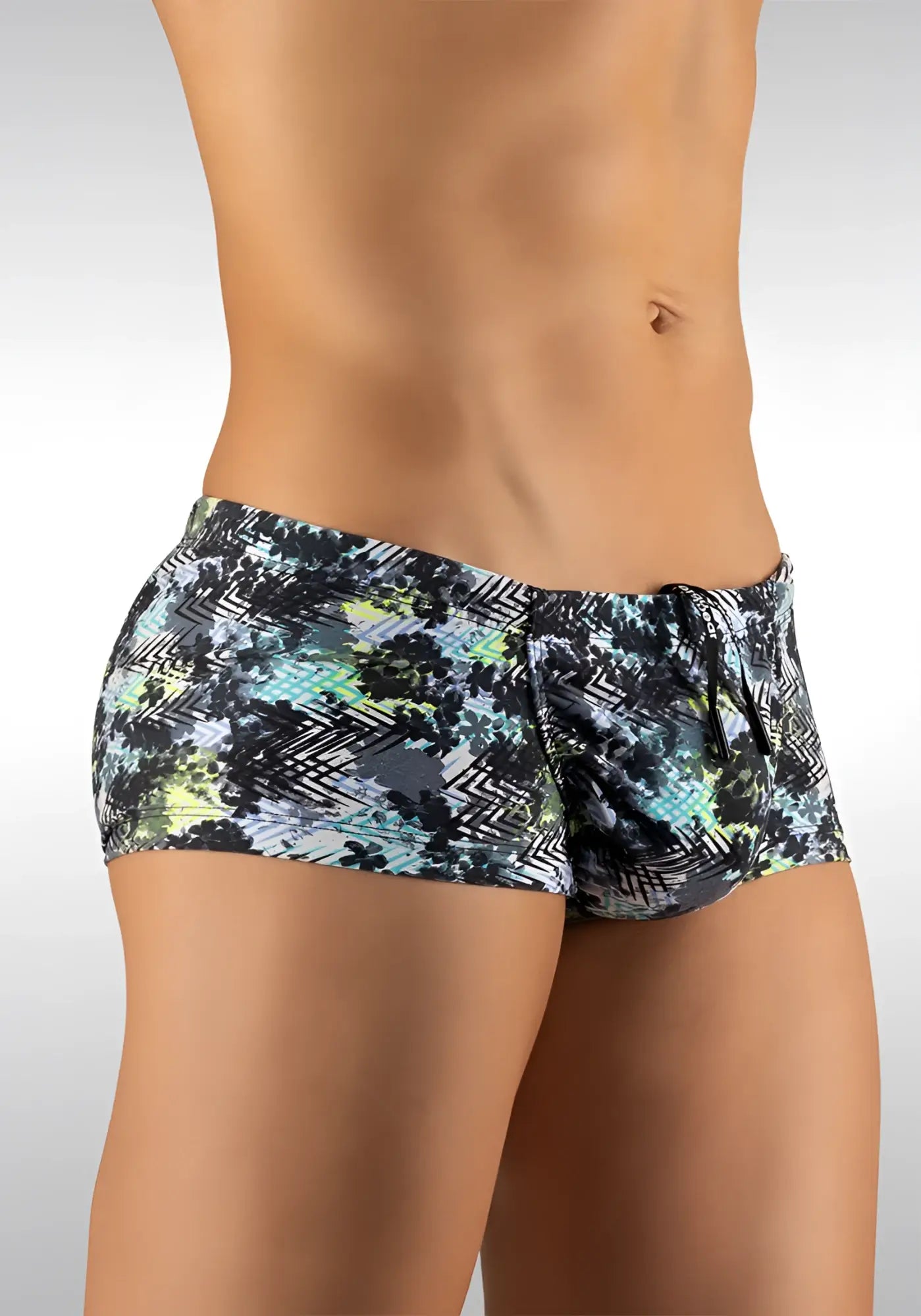 Men’s ergowear feel zigzag mini square cut swim trunks in teal black and gray with geometric chevron accents size m