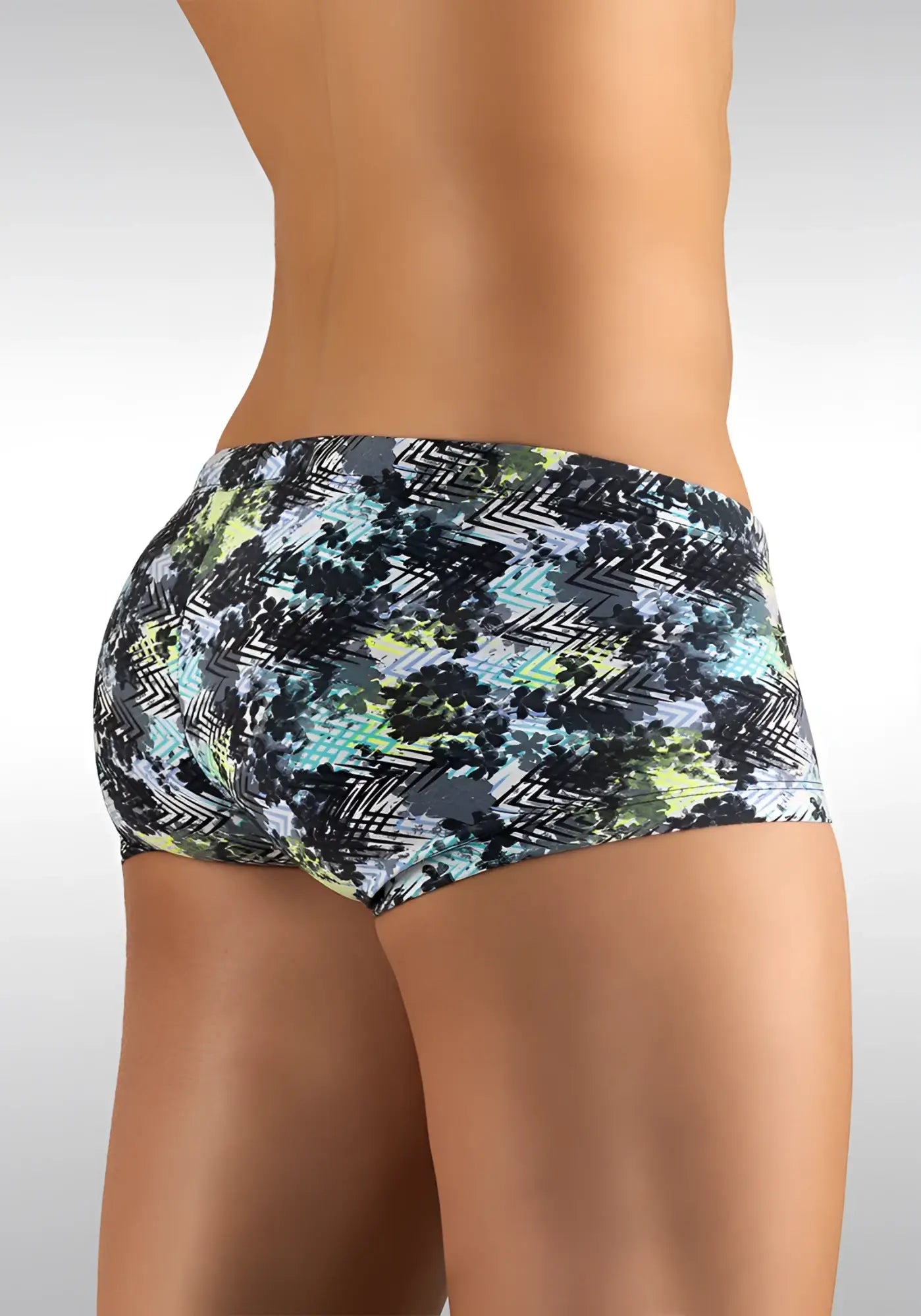 Ergowear feel zigzag mini square cut trunk swimwear in black green gray geometric pattern size medium