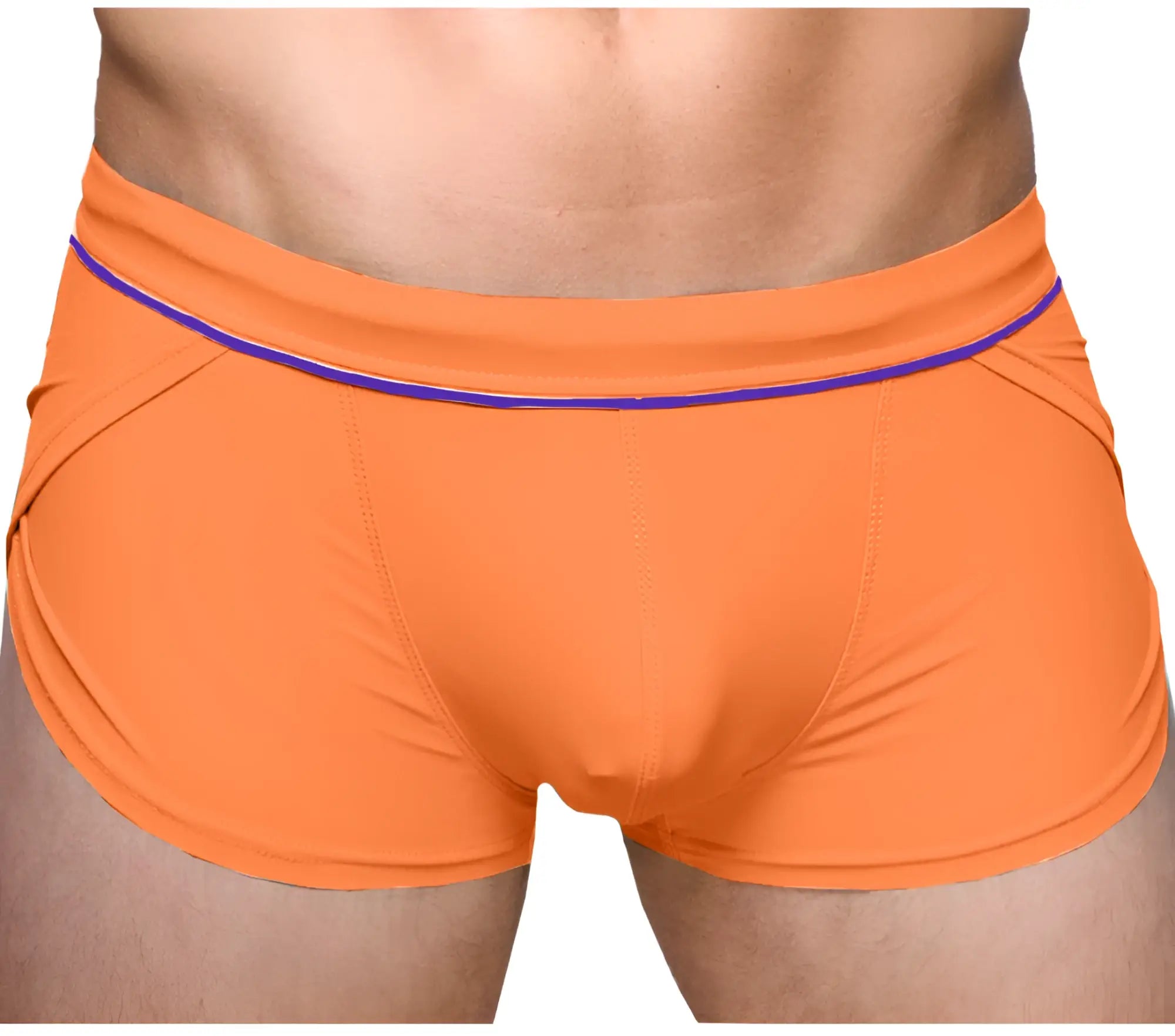 Ernesto square trunk bright orange boxer briefs with purple waistband trim comfortable stretch fabric