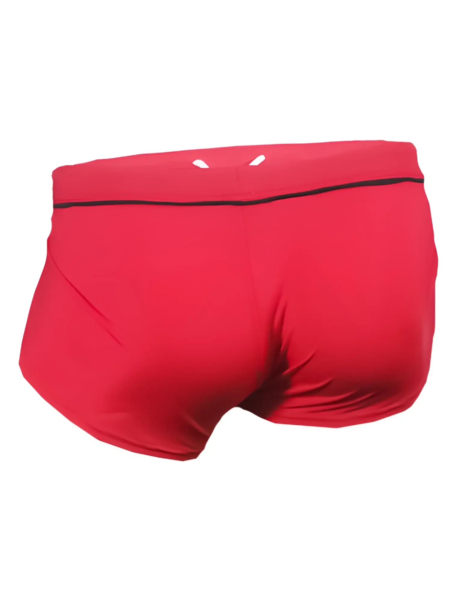 Ernesto square trunk red swim trunks with black waistband trim and two small white cutouts for swimming use