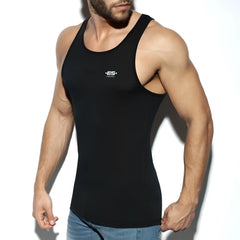 Black sleeveless tank top es basic tank with small white logo on chest perfect for casual or athletic wear