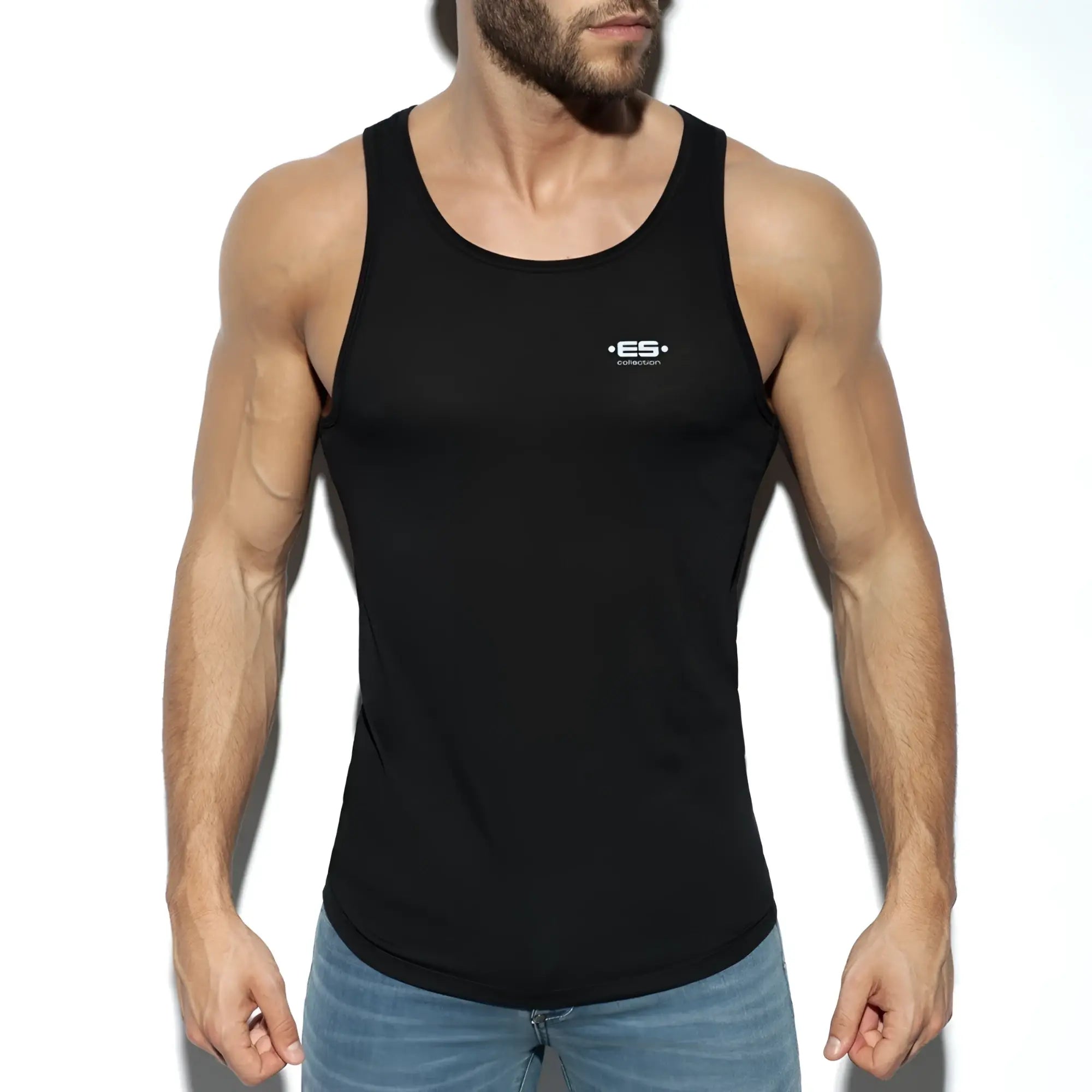 Black es basic tank top with subtle white logo on chest made of lightweight breathable fabric for casual wear