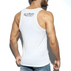 White men’s tank top showing back side with black es collection branding in es basic tank style