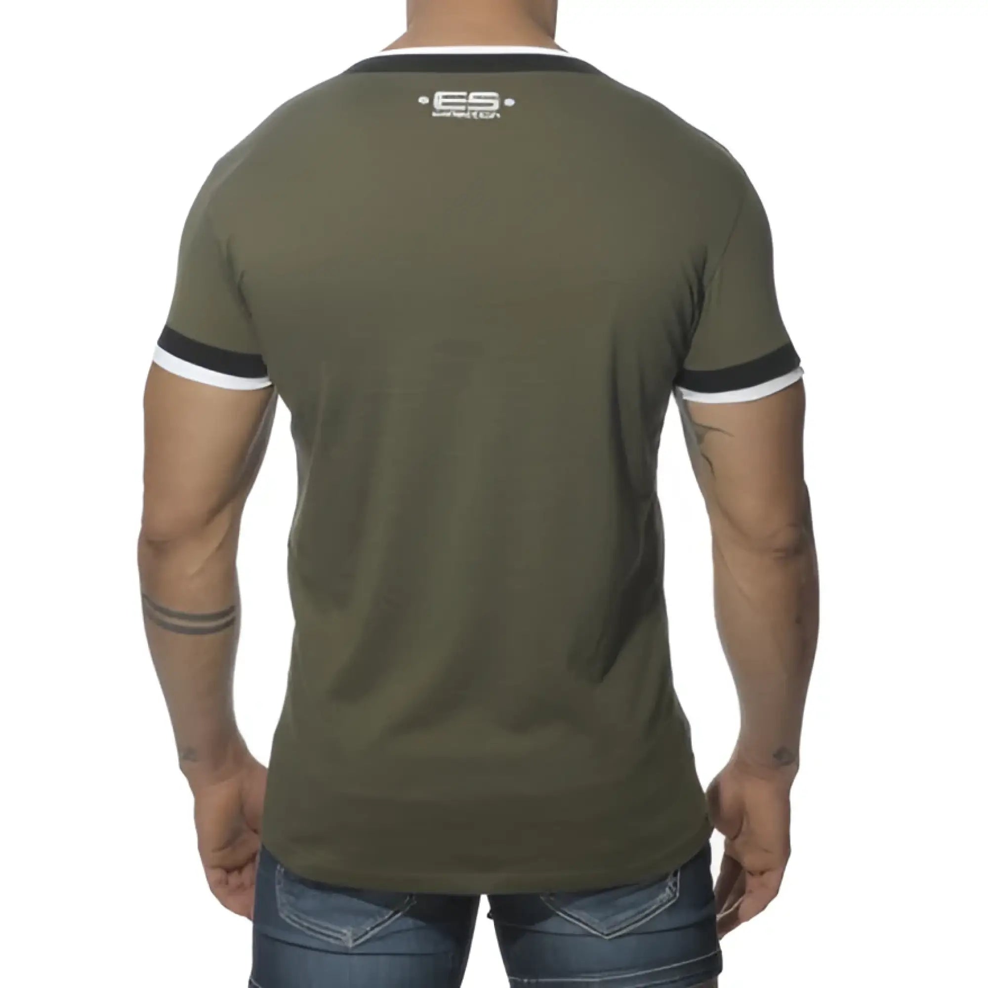 Es collection double binding v neck short sleeved t shirt in olive green with black and white trim and logo in size m