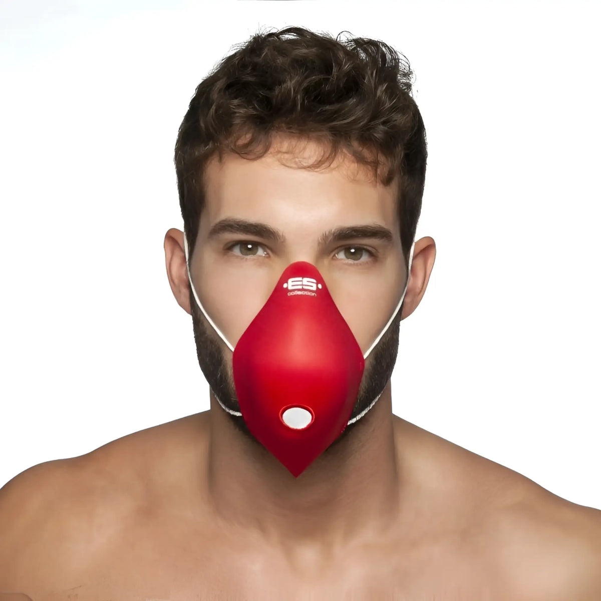 Es collection red face mask with white elastic straps and central circular vent size one size