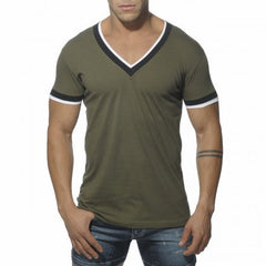 ES Collection T-Shirt mit V-Ausschnitt und doppelter Bindung, kurzärmlig, Khaki, TS103, Größe M