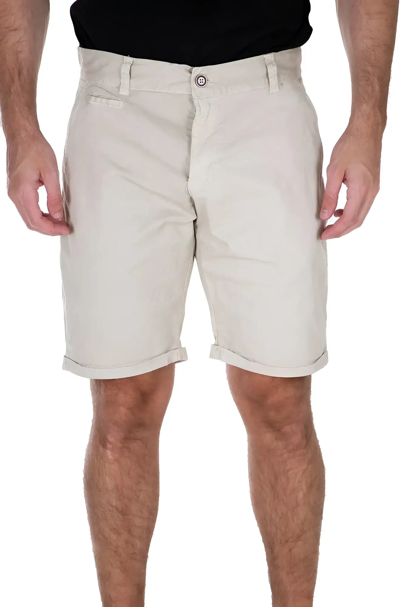 Beige essential cotton chino shorts with rolled cuffs and button closure available in four colors