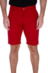 Red essential cotton shorts with button closure and rolled cuffs available in four colors