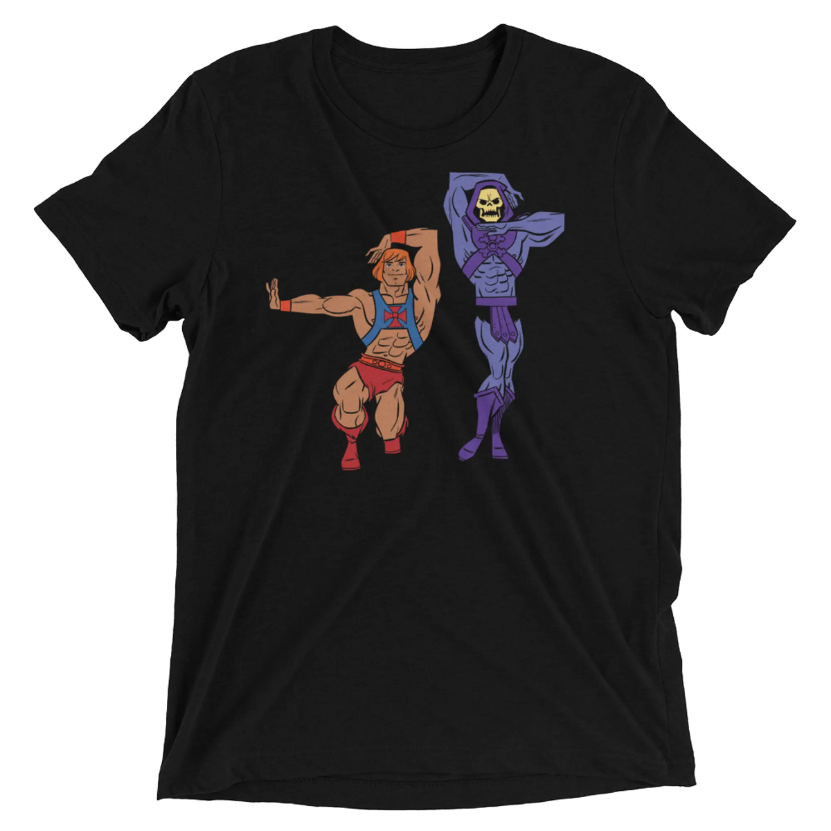 Black short-sleeved t-shirt featuring colorful he-man and skeletor graphic from eternia is burning collection