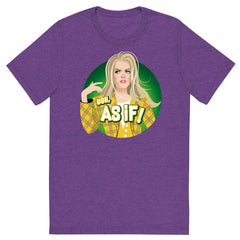 Purple heathered t-shirt with a circular graphic of a blonde woman in a yellow plaid jacket and text ugh as if