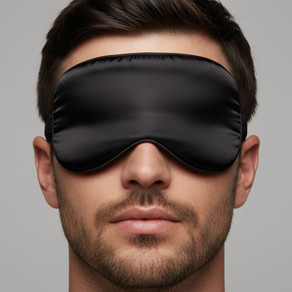 Black satin sleep mask with smooth glossy finish and elasticized edges by MetroMaleWear silky eye mask
