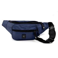 Navy blue fabric fanny pack with black zippers and adjustable strap for hands-free carrying