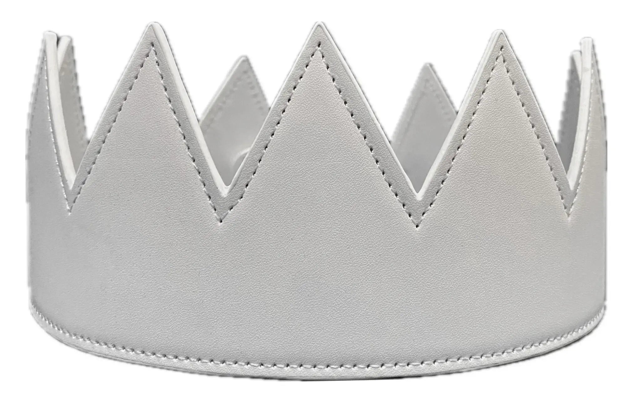 White faux leather crown with stitched edges and pointed triangular peaks for costume or decoration