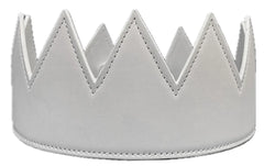 White faux leather crown with stitched edges and pointed triangular peaks for costume or decoration