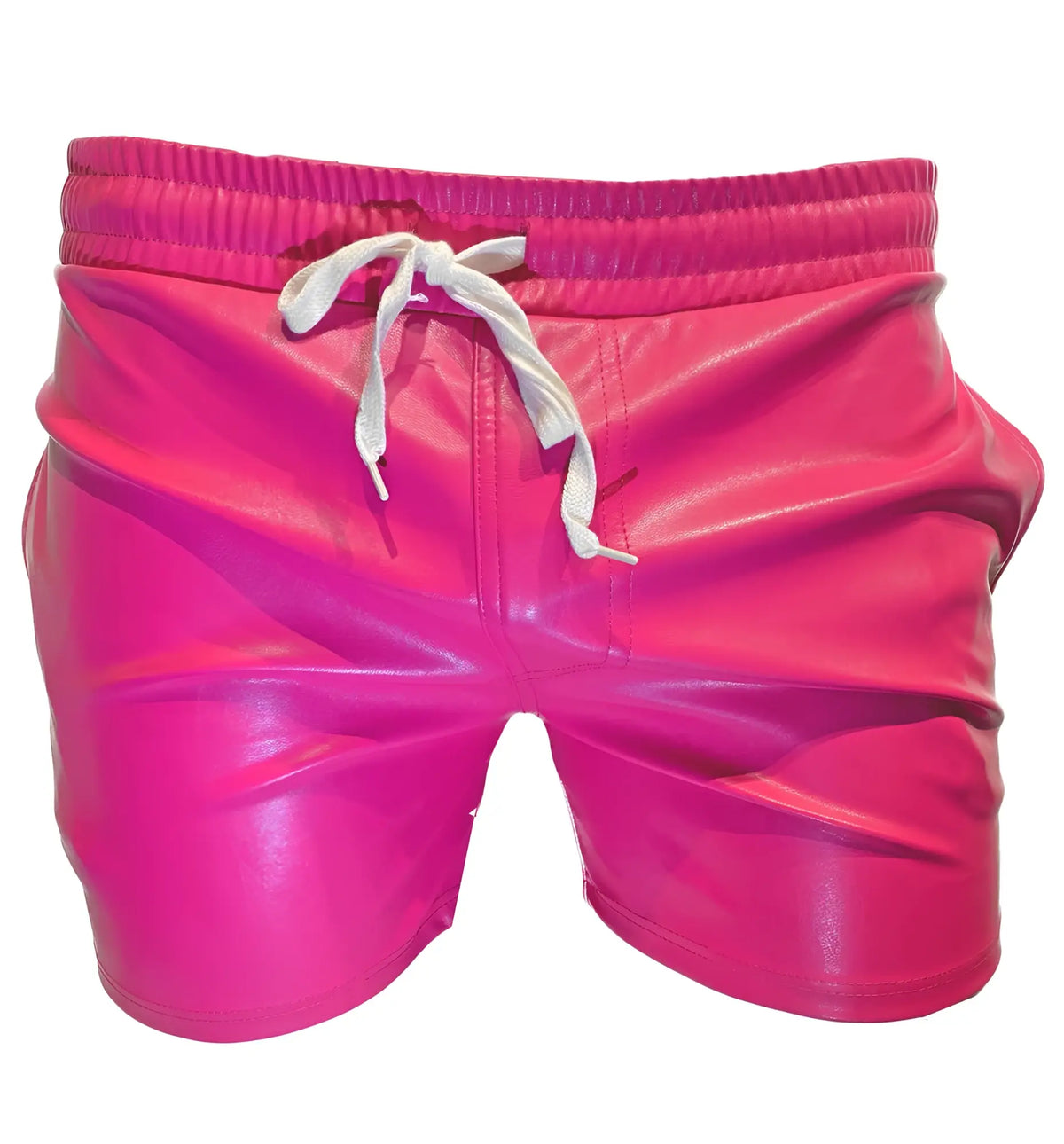 Vibrant fuchsia shiny faux leather shorts with white drawstring waistband in a faux leather short design