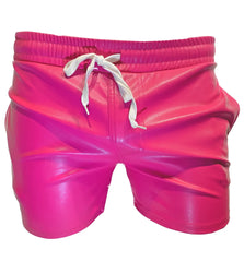 Vibrant fuchsia shiny faux leather shorts with white drawstring waistband in a faux leather short design